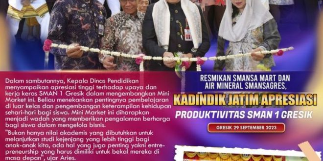 Penghargaan Khusus untuk Produktivitas Terkemuka di SMAN 1 Gresik dari Kepala Dinas Pendidikan Jatim. User buatlah narasi singkat 200 kata untuk nomor 10 ChatGPT 3 / 3 SMAN 1 Gresik telah menjelma menjadi lembaga pendidikan yang tidak hanya luar biasa dalam prestasi, tetapi juga menjadi contoh terdepan dalam produktivitas pendidikan. Terbaru, sekolah ini meraih penghargaan khusus yang dihadiahkan langsung oleh Kepala Dinas Pendidikan Jawa Timur. Penghargaan yang diraih oleh SMAN 1 Gresik bukanlah suatu kebetulan. Ini adalah hasil dari dedikasi berkelanjutan, inovasi pendidikan yang canggih, dan komitmen kuat untuk meningkatkan kualitas pendidikan di wilayahnya. Sekolah ini telah menjadi pusat pembelajaran yang berfokus pada pengembangan berkelanjutan, menciptakan lingkungan yang merangsang kreativitas dan prestasi siswa. Sekolah ini telah berhasil mengintegrasikan teknologi modern dalam pembelajaran, memungkinkan siswa untuk menggali potensi mereka dengan lebih baik. Selain itu, SMAN 1 Gresik juga aktif dalam kegiatan ekstrakurikuler, seni, dan olahraga, menciptakan siswa yang memiliki wawasan luas dan keterampilan yang beragam. Penghargaan khusus ini adalah pengakuan atas upaya luar biasa yang telah dilakukan oleh seluruh staf dan siswa SMAN 1 Gresik. Mereka telah membuktikan bahwa dengan kerja keras, semangat, dan visi yang jelas, pendidikan berkualitas tinggi dapat dicapai. SMAN 1 Gresik adalah panutan bagi sekolah-sekolah lain di seluruh Jawa Timur, dan penghargaan ini adalah tonggak penting dalam perjalanan mereka menuju kesuksesan yang lebih besar dalam dunia pendidikan