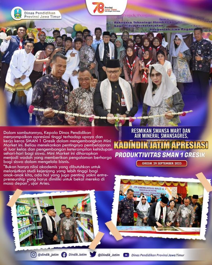 Penghargaan Khusus untuk Produktivitas Terkemuka di SMAN 1 Gresik dari Kepala Dinas Pendidikan Jatim. User buatlah narasi singkat 200 kata untuk nomor 10 ChatGPT 3 / 3 SMAN 1 Gresik telah menjelma menjadi lembaga pendidikan yang tidak hanya luar biasa dalam prestasi, tetapi juga menjadi contoh terdepan dalam produktivitas pendidikan. Terbaru, sekolah ini meraih penghargaan khusus yang dihadiahkan langsung oleh Kepala Dinas Pendidikan Jawa Timur. Penghargaan yang diraih oleh SMAN 1 Gresik bukanlah suatu kebetulan. Ini adalah hasil dari dedikasi berkelanjutan, inovasi pendidikan yang canggih, dan komitmen kuat untuk meningkatkan kualitas pendidikan di wilayahnya. Sekolah ini telah menjadi pusat pembelajaran yang berfokus pada pengembangan berkelanjutan, menciptakan lingkungan yang merangsang kreativitas dan prestasi siswa. Sekolah ini telah berhasil mengintegrasikan teknologi modern dalam pembelajaran, memungkinkan siswa untuk menggali potensi mereka dengan lebih baik. Selain itu, SMAN 1 Gresik juga aktif dalam kegiatan ekstrakurikuler, seni, dan olahraga, menciptakan siswa yang memiliki wawasan luas dan keterampilan yang beragam. Penghargaan khusus ini adalah pengakuan atas upaya luar biasa yang telah dilakukan oleh seluruh staf dan siswa SMAN 1 Gresik. Mereka telah membuktikan bahwa dengan kerja keras, semangat, dan visi yang jelas, pendidikan berkualitas tinggi dapat dicapai. SMAN 1 Gresik adalah panutan bagi sekolah-sekolah lain di seluruh Jawa Timur, dan penghargaan ini adalah tonggak penting dalam perjalanan mereka menuju kesuksesan yang lebih besar dalam dunia pendidikan