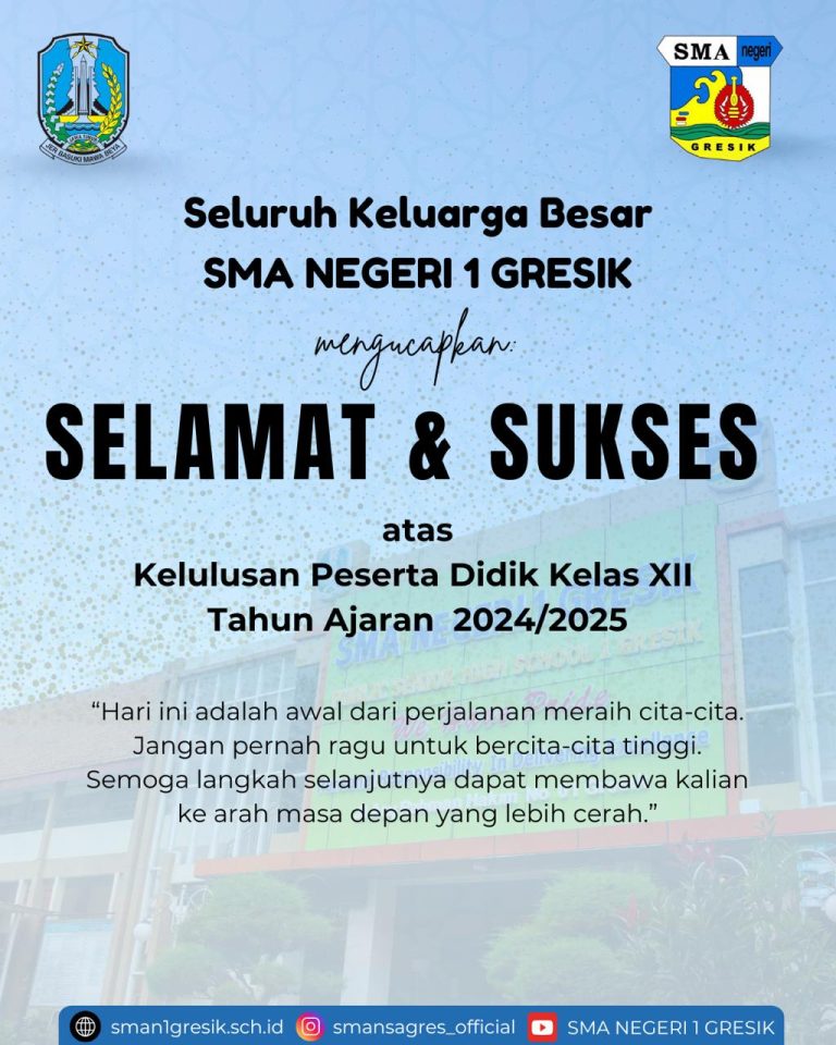 SELAMAT ATAS KELULUSAN PESERTA DIDIK KELAS XII TAHUN PELAJARAN 2024/2025 SMA NEGERI 1 GRESIK