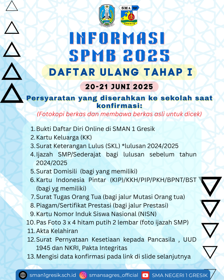 📢INFORMASI DAFTAR ULANG TAHAP I SPMB 2025 SMAN 1 GRESIK